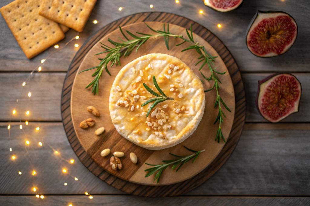 Air-fried brie cheese drizzled with honey, topped with crushed nuts and rosemary, served with crackers and figs.