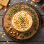 Air-fried brie cheese drizzled with honey, topped with crushed nuts and rosemary, served with crackers and figs.