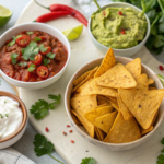 Crispy air fryer tortilla chips served with salsa, guacamole, and yogurt-based dips, styled with fresh garnishes