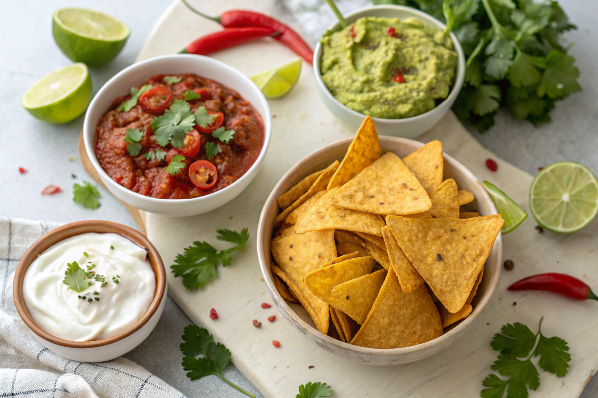 Crispy air fryer tortilla chips served with salsa, guacamole, and yogurt-based dips, styled with fresh garnishes