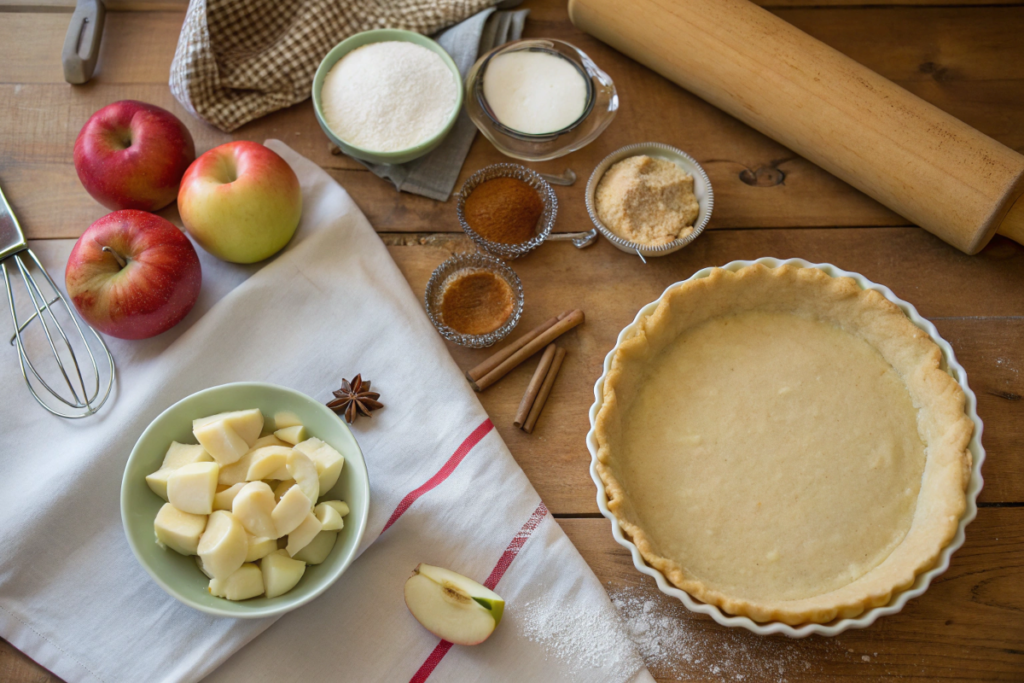 Ingredients for homemade apple pie, including apples, sugar, and pie crust, on a rustic wooden surface