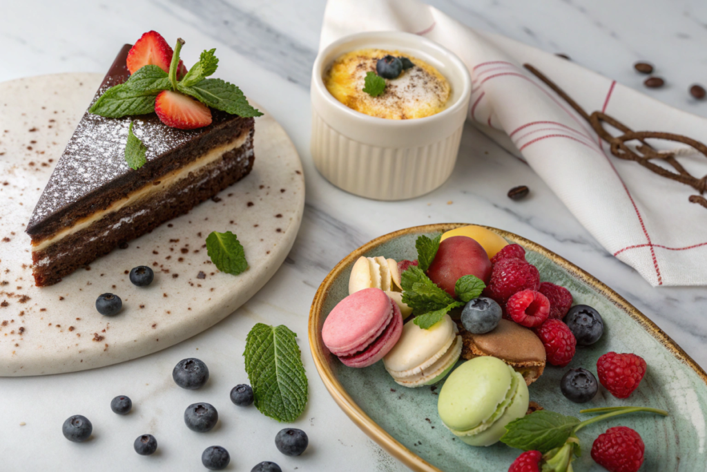 A vibrant arrangement of chocolate cake, macarons, and tiramisu showcasing global dessert favorites.