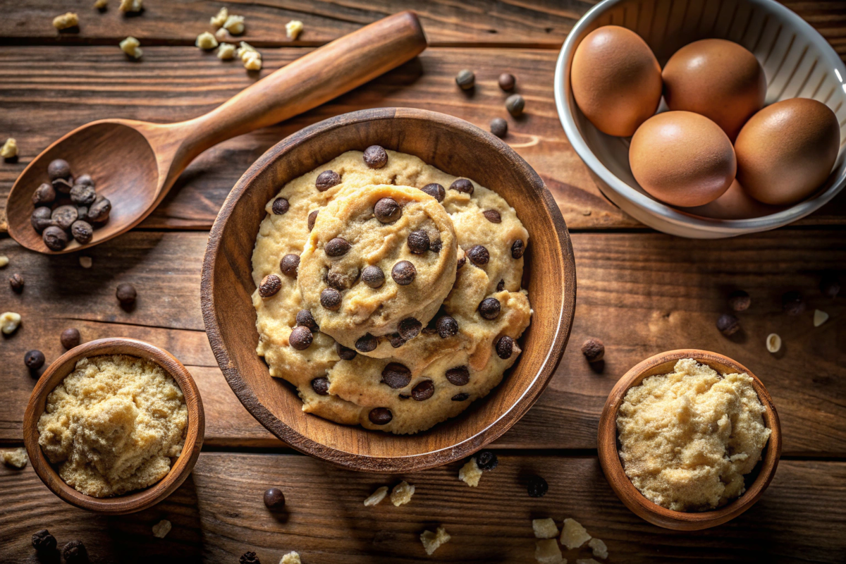 A bowl of freshly mixed cookie dough with chocolate chips and a wooden spoon on a rustic wooden counter