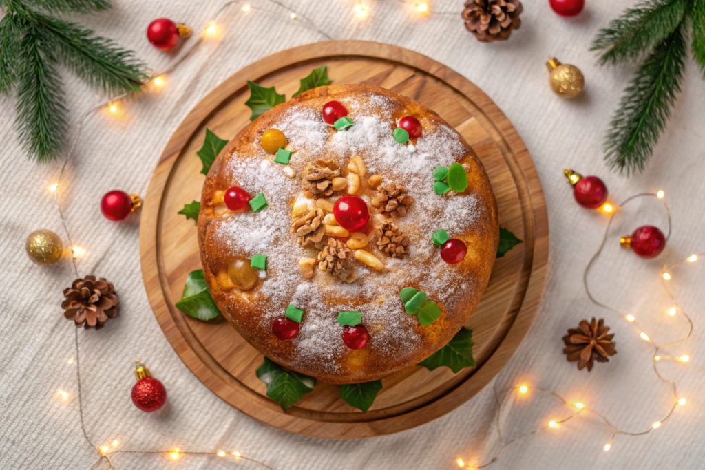 Golden Christmas bread topped with powdered sugar, candied fruits, and nuts on a festive table.