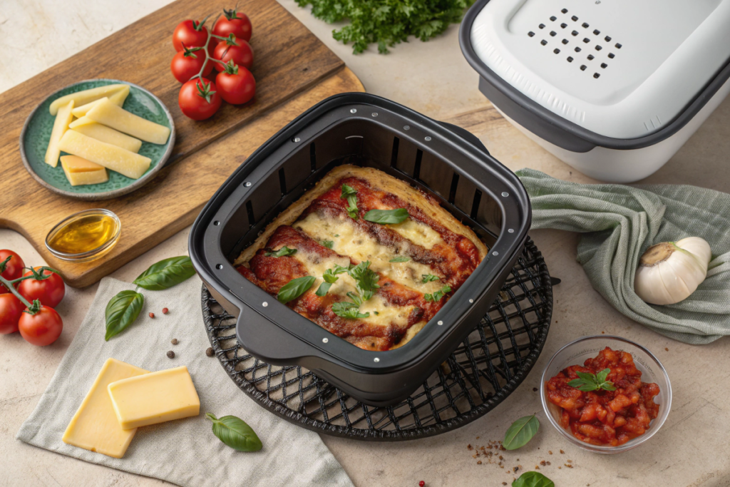 A ceramic dish with a baked casserole placed inside an air fryer basket on a rustic kitchen counter.