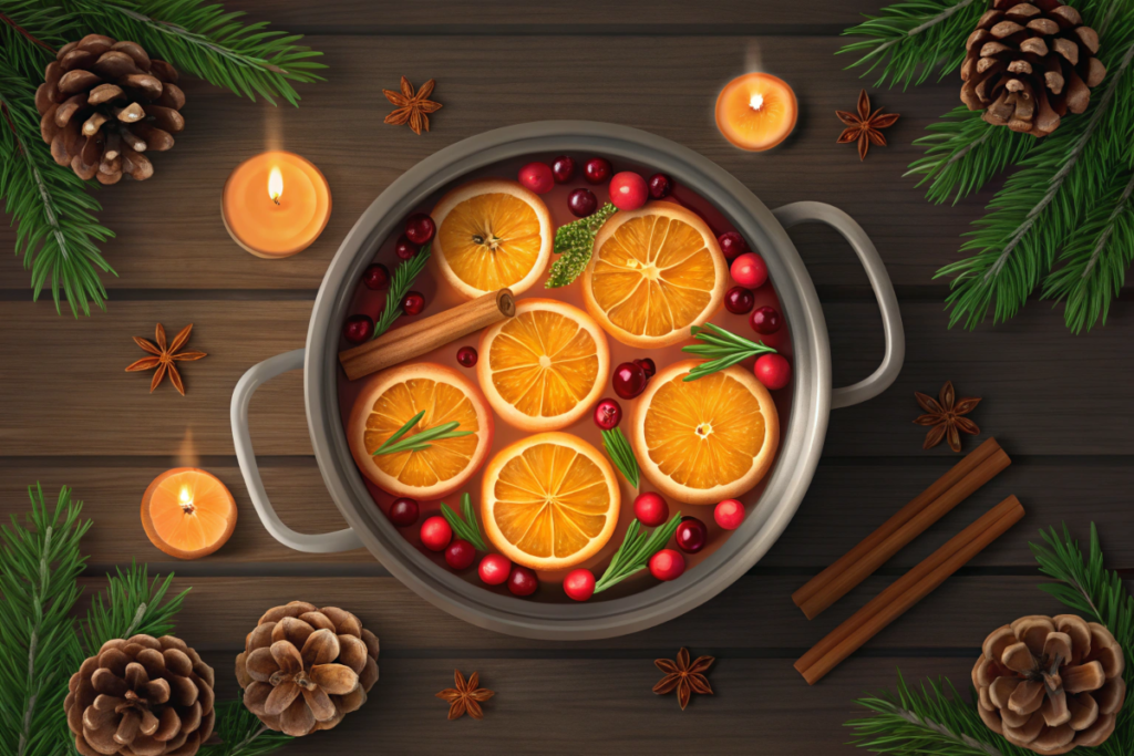 A steaming pot of Christmas simmer pot ingredients with cranberries, oranges, and cinnamon sticks, surrounded by festive decor