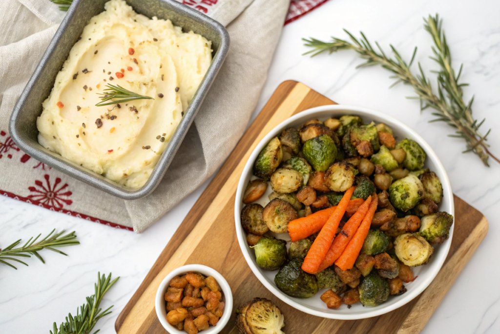 Classic Christmas side dishes including mashed potatoes, roasted vegetables, and stuffing on a festive table.