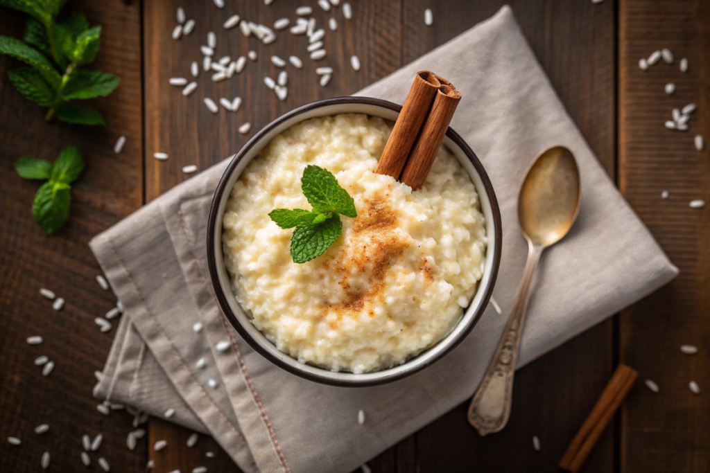 A warm bowl of creamy rice pudding, topped with cinnamon and mint, placed on a rustic table.