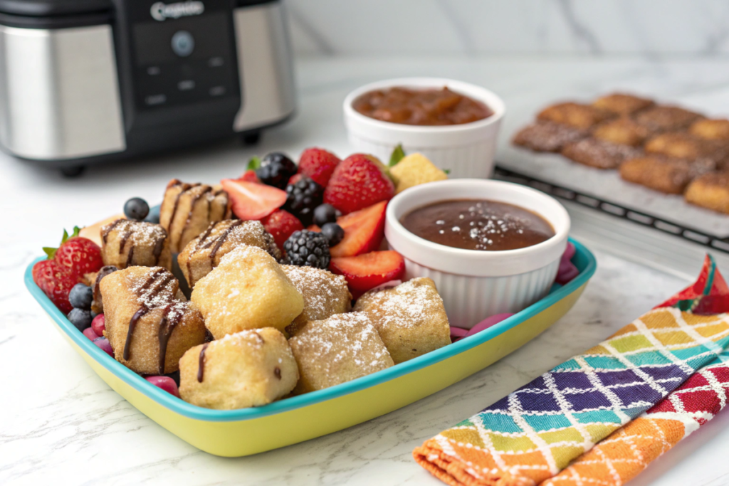 Assorted air fryer fried dough with cinnamon sugar, chocolate drizzle, and savory marinara sauce.