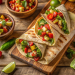 Golden tortilla wraps with fresh vegetables and grilled chicken on a rustic wooden cutting board