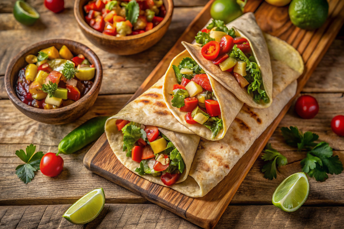 Golden tortilla wraps with fresh vegetables and grilled chicken on a rustic wooden cutting board