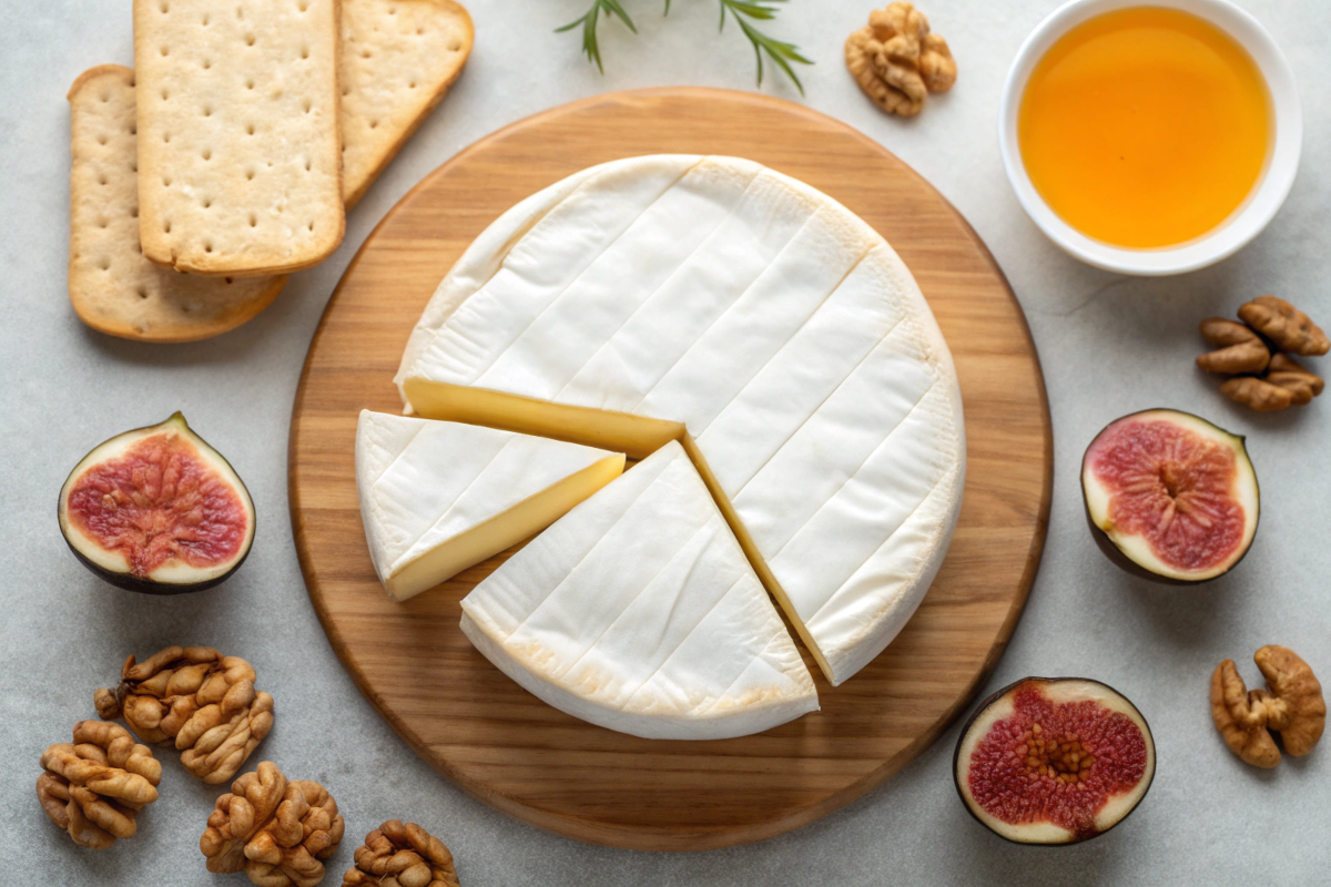 A wheel of creamy Brie cheese on a rustic board, surrounded by figs, walnuts, and honey.