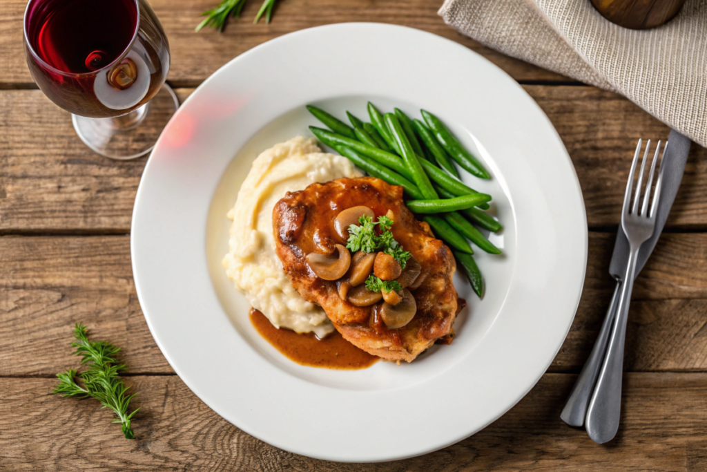 A plated Chicken Marsala dish with mashed potatoes and green beans on a rustic wooden table.