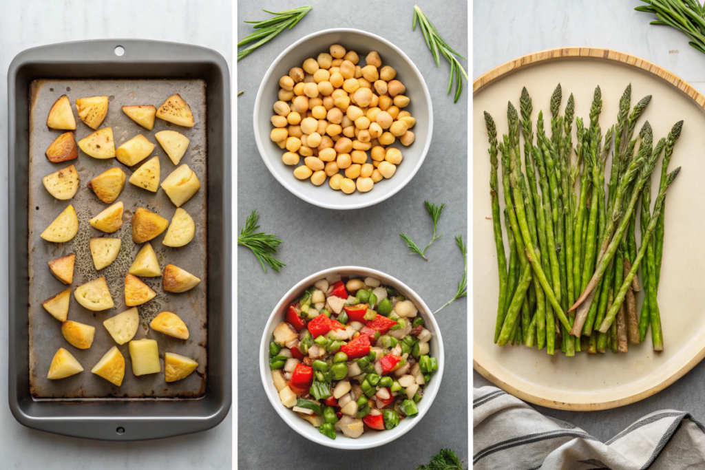 A collage showing roasted potatoes, grilled asparagus, and a Mediterranean chickpea salad to pair with Chicken Marbella.