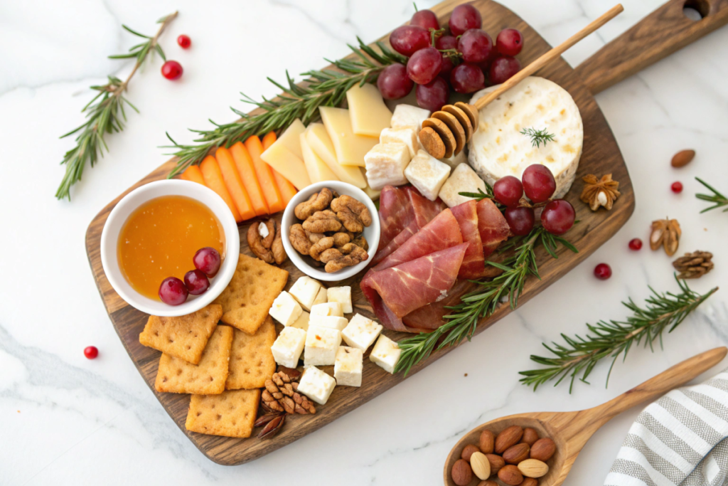 Charcuterie board with cheeses, meats, fruits, and nuts for a festive Christmas starter.