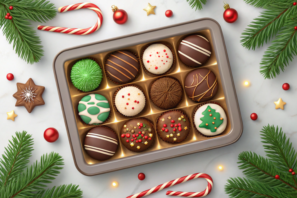 A festive tray of Christmas desserts featuring chocolate peppermint bark, cookies, and truffles