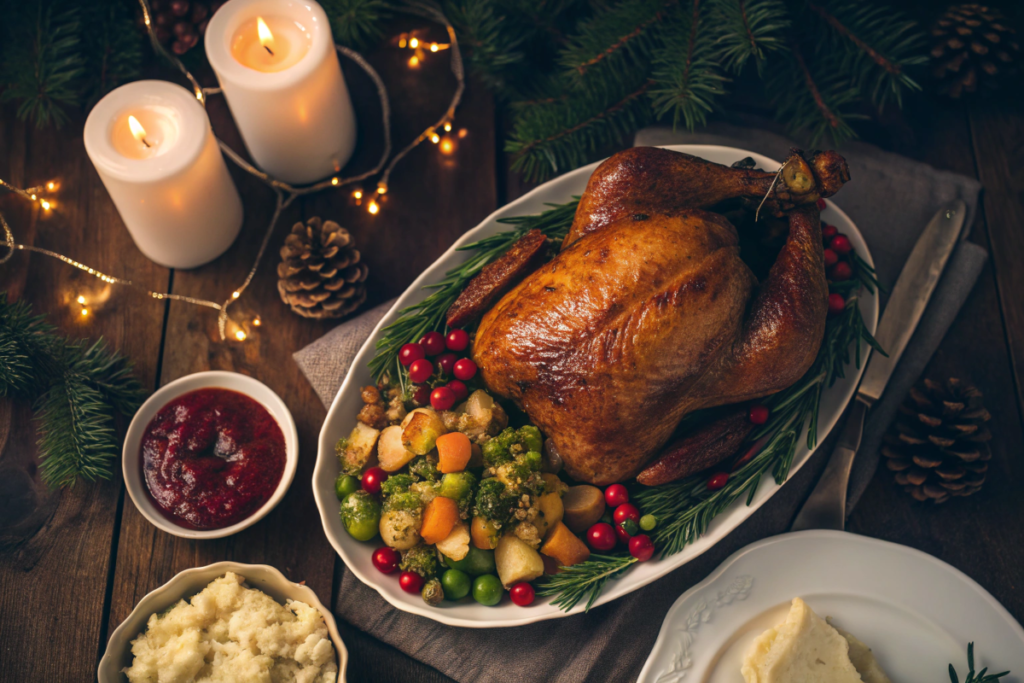 A beautifully set Christmas dinner table with a roasted turkey, mashed potatoes, roasted vegetables, and festive décor.