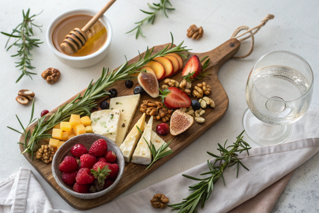 Elegant platter of fresh fruits, cheese, and nuts, styled with rosemary and honey for a sophisticated dessert option