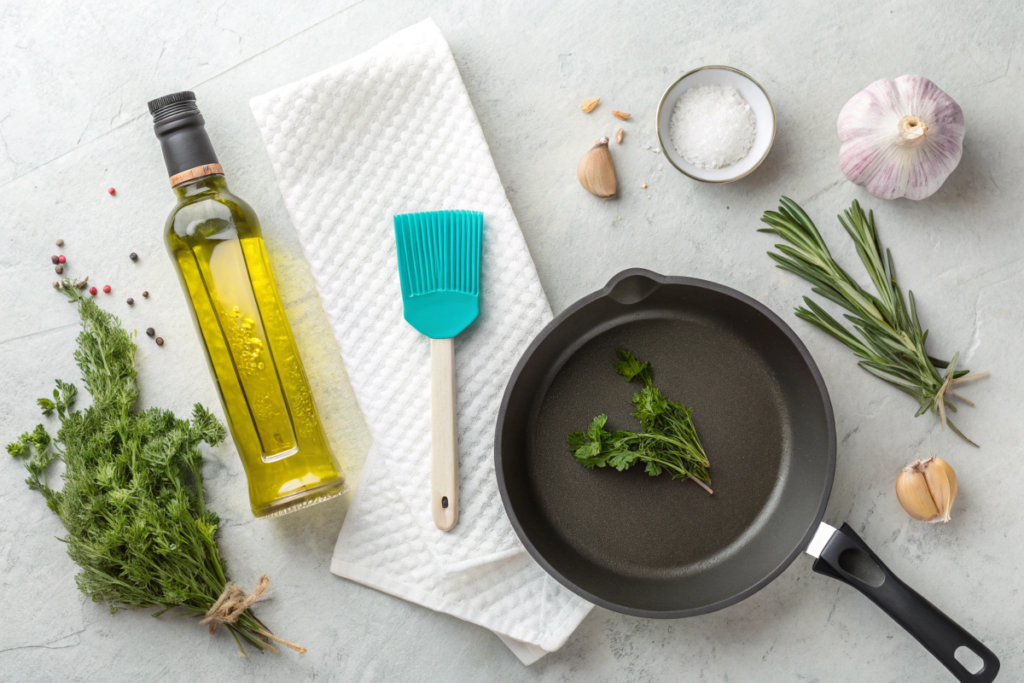 A bottle of extra virgin olive oil, a silicone brush, and a Caraway pan on a countertop, with fresh herbs and garlic for decoration.