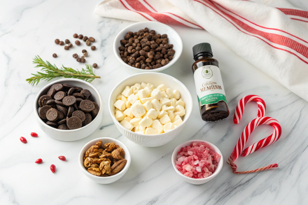 Ingredients for chocolate bark, including dark and white chocolate, candy canes, nuts, and cranberries.