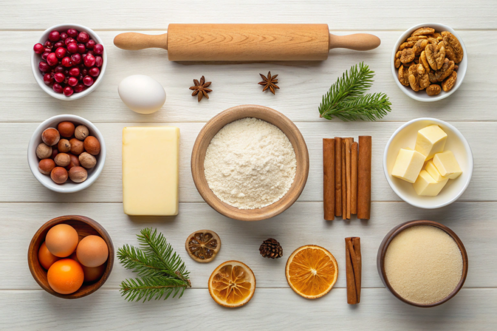 Ingredients for Christmas bread, including flour, dried fruits, nuts, and spices, on a wooden table.