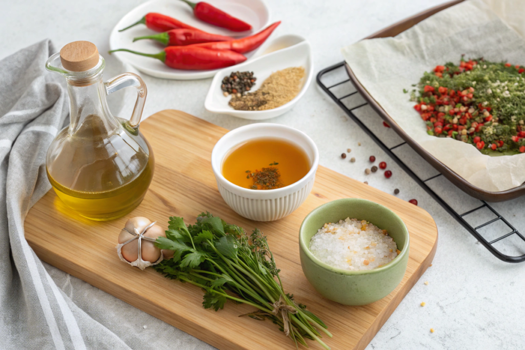 Ingredients for air fryer recipes, including broth, marinades, fresh herbs, and spices, on a wooden board.