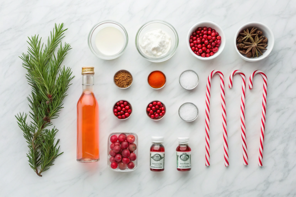 Martini ingredients including vodka, peppermint schnapps, cream, and garnishes on a marble counter