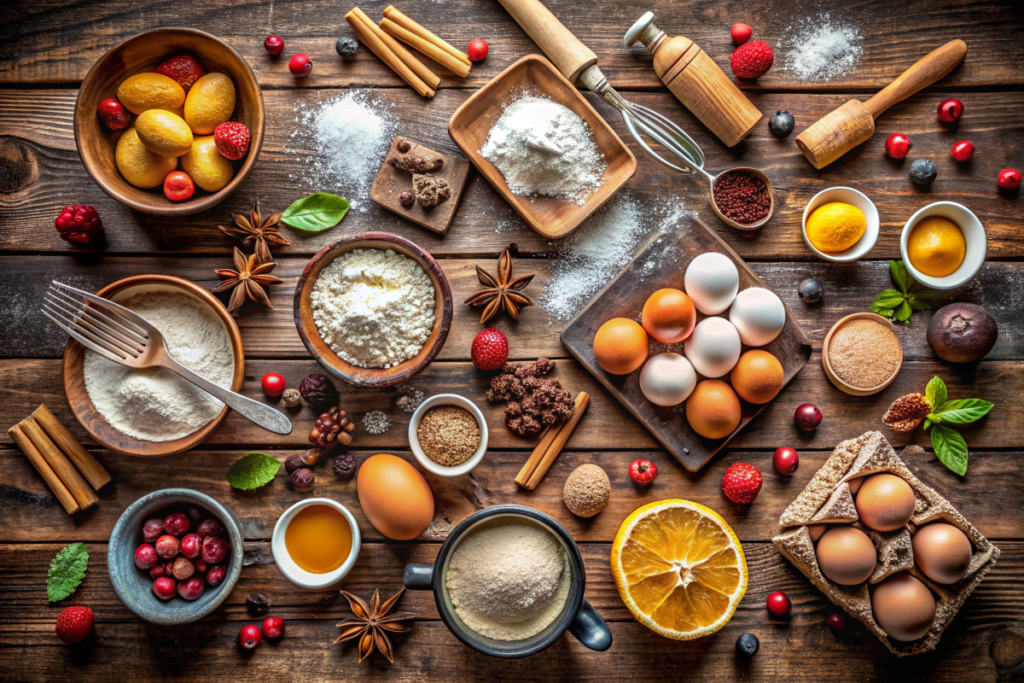 Dessert ingredients, including flour, sugar, cocoa powder, eggs, and vanilla pods