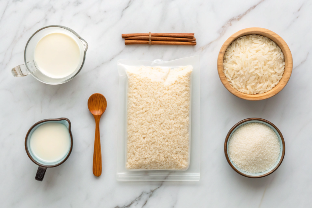 Ingredients for Mary Berry’s rice pudding: short-grain rice, milk, sugar, vanilla, and cinnamon on a marble countertop.