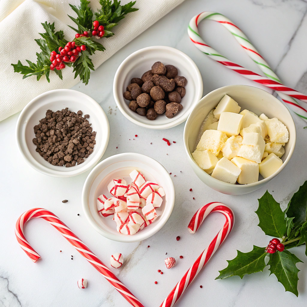 Ingredients for peppermint recipes, including crushed candy canes, peppermint extract, and chocolate on a marble surface.