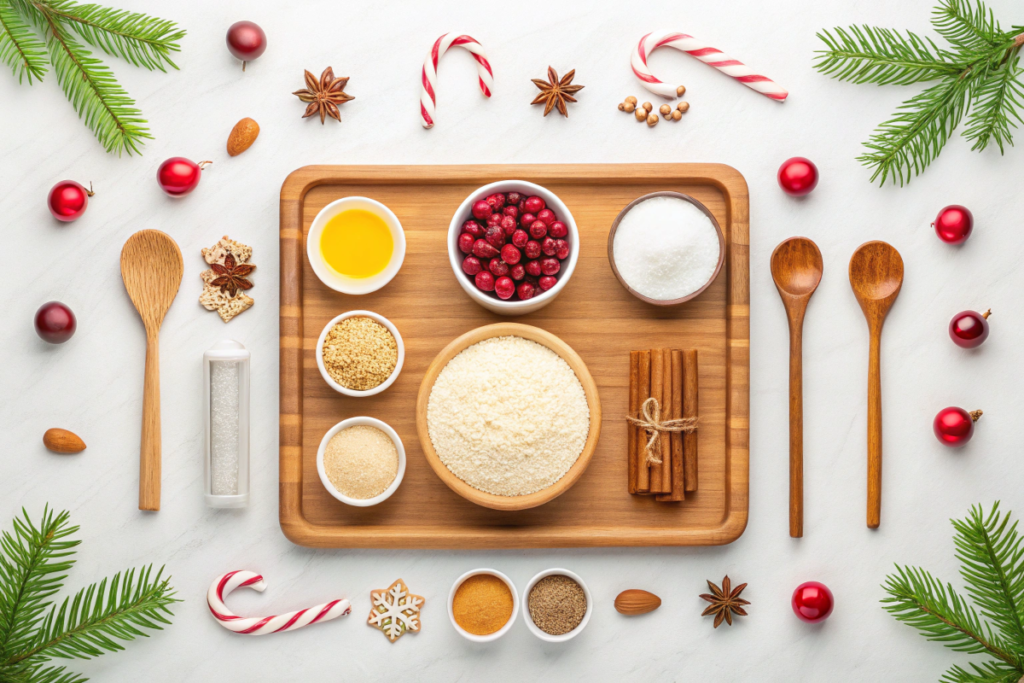 Gluten-free baking ingredients for Christmas biscuits, including almond flour, spices, and dried cranberries