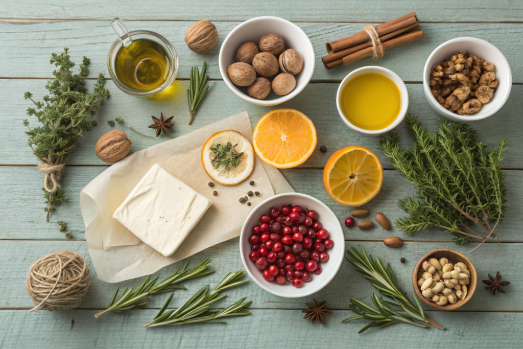 Ingredients for traditional Greek Christmas recipes, including olive oil, citrus, nuts, honey, and spices.