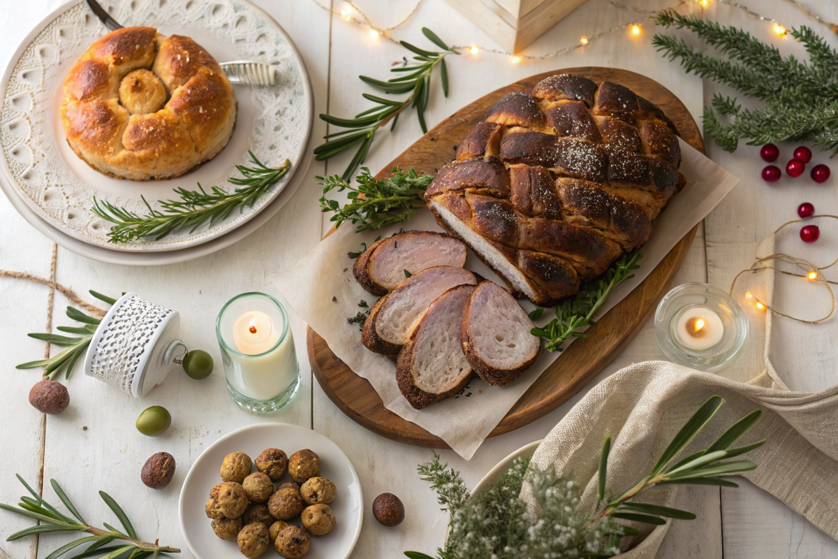 A festive Greek Christmas table with traditional dishes like Christopsomo, roasted lamb, and holiday desserts.