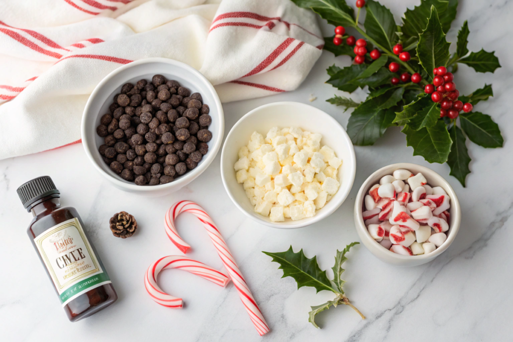 Ingredients for peppermint bark, including dark chocolate, white chocolate, and crushed candy canes on a marble counter.