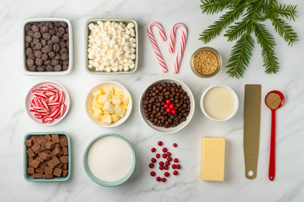 Ingredients for Christmas fudge, including chocolate chips, sweetened condensed milk, butter, and festive toppings like candy canes and cranberries.