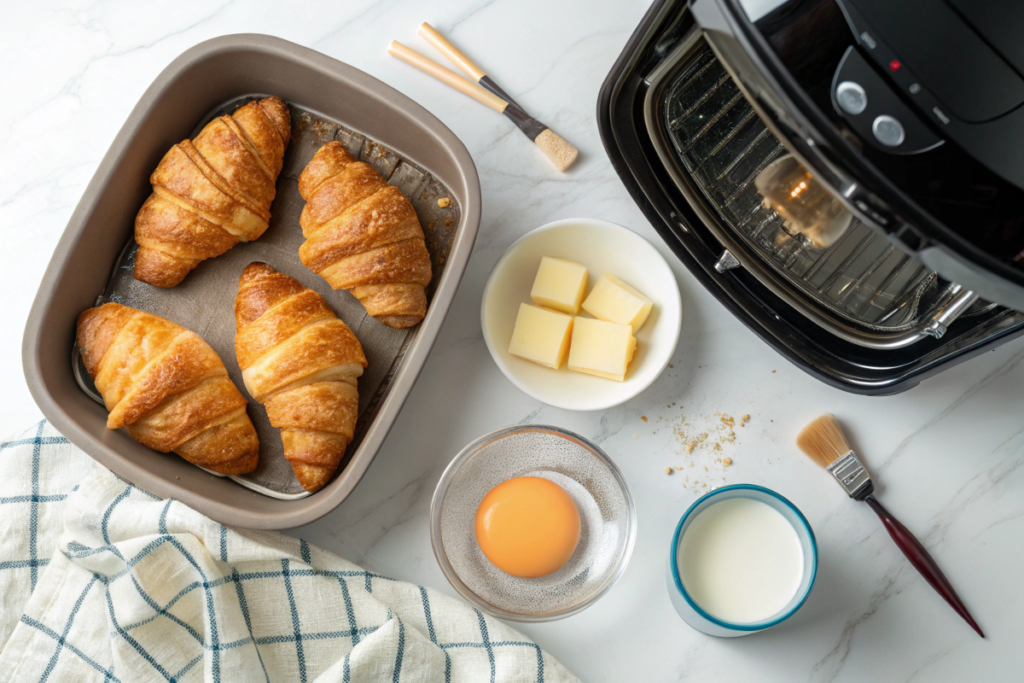 Fresh croissants, a small dish of butter, a cup of milk, and an air fryer on a bright kitchen counter