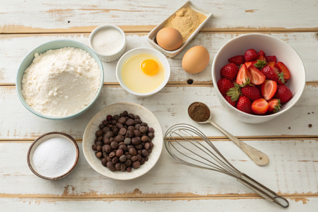 Key ingredients for simple desserts, including fresh fruit, sugar, flour, and chocolate chips