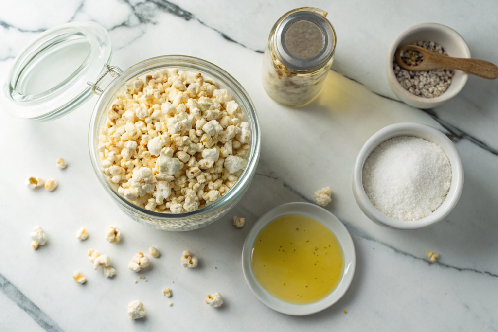 Vegan popcorn ingredients: popcorn kernels, coconut oil, nutritional yeast, and salt displayed on a marble countertop.