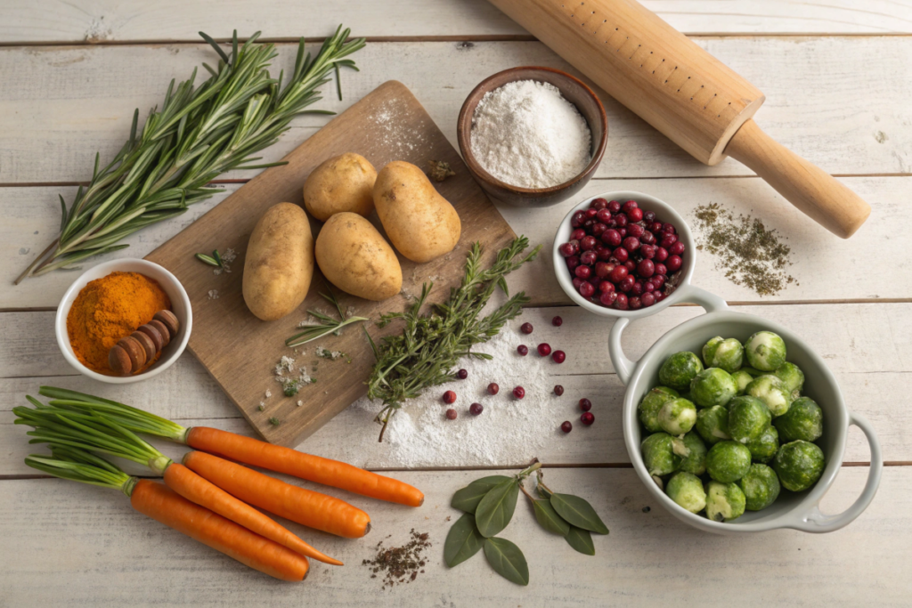 Ingredients for a traditional Christmas dinner, including fresh herbs, vegetables, and spices.