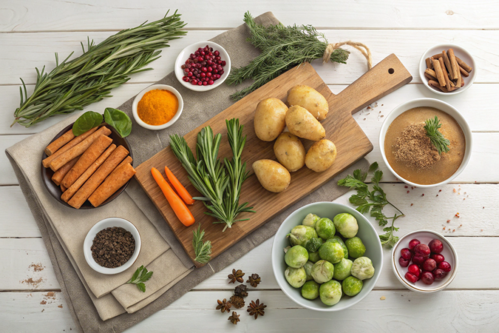 Ingredients for a traditional English Christmas dinner, including fresh vegetables, herbs, and dried fruits.