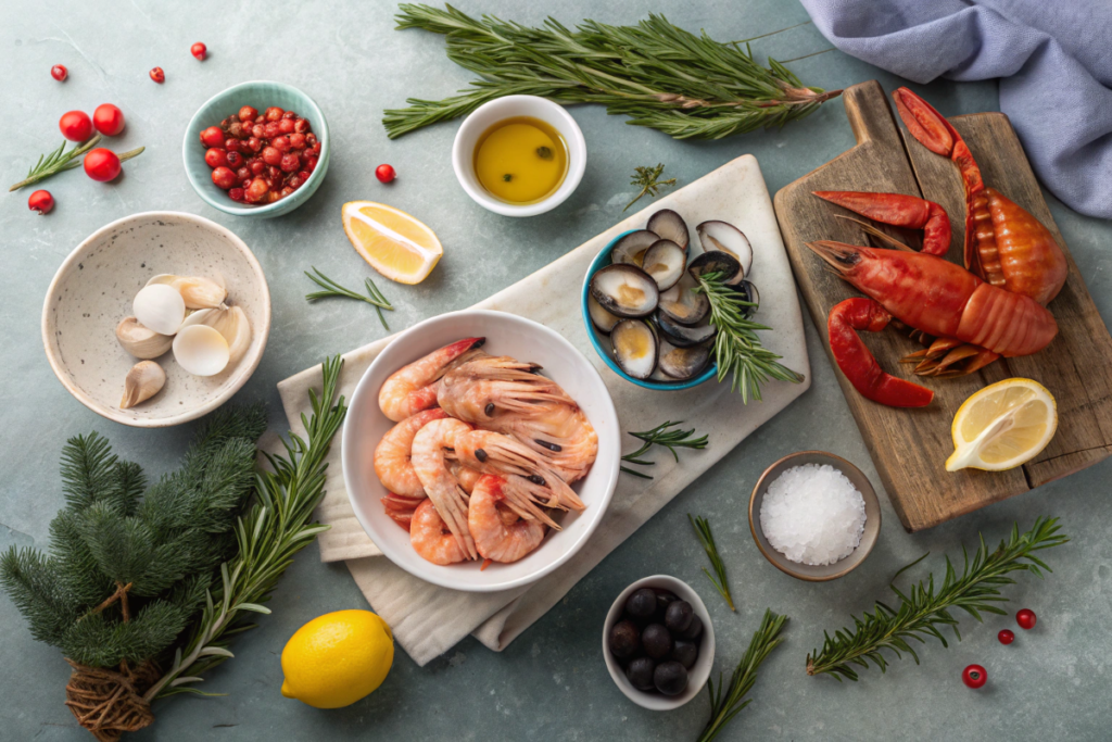 Fresh ingredients for the Feast of the Seven Fishes, including shrimp, clams, squid, and herbs