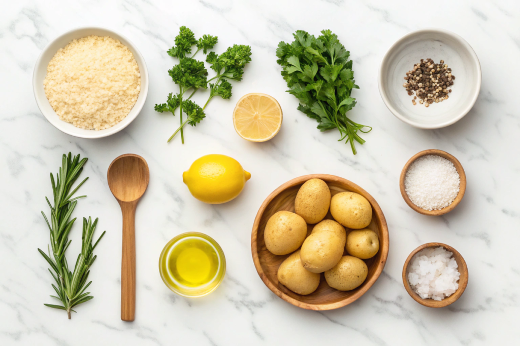 Ingredients for side dishes with Chicken Marbella: couscous, lemons, fresh herbs, potatoes, and olive oil.