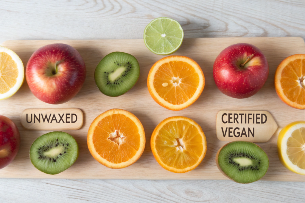 Fruits such as apples, oranges, and kiwis displayed alongside unwaxed and certified vegan alternatives on a wooden surface.