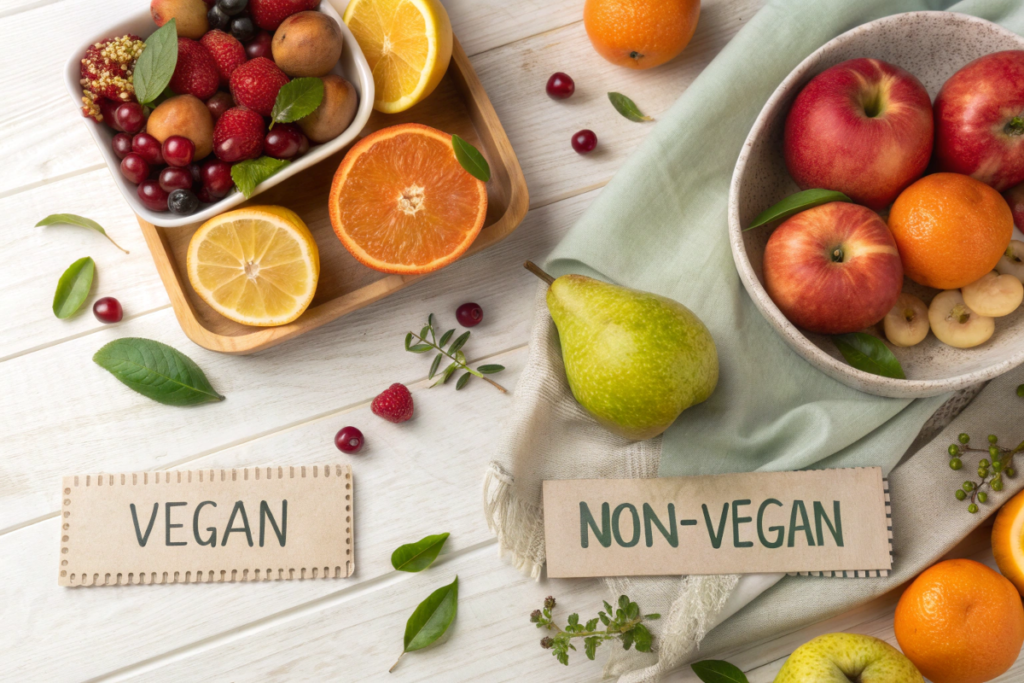 A mix of vegan and non-vegan fresh fruits, labeled with ethical and sustainability tags, on a rustic wooden table.