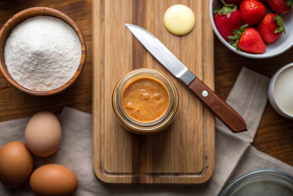 A jar of baking spread with eggs, flour, and sugar on a rustic kitchen counter.