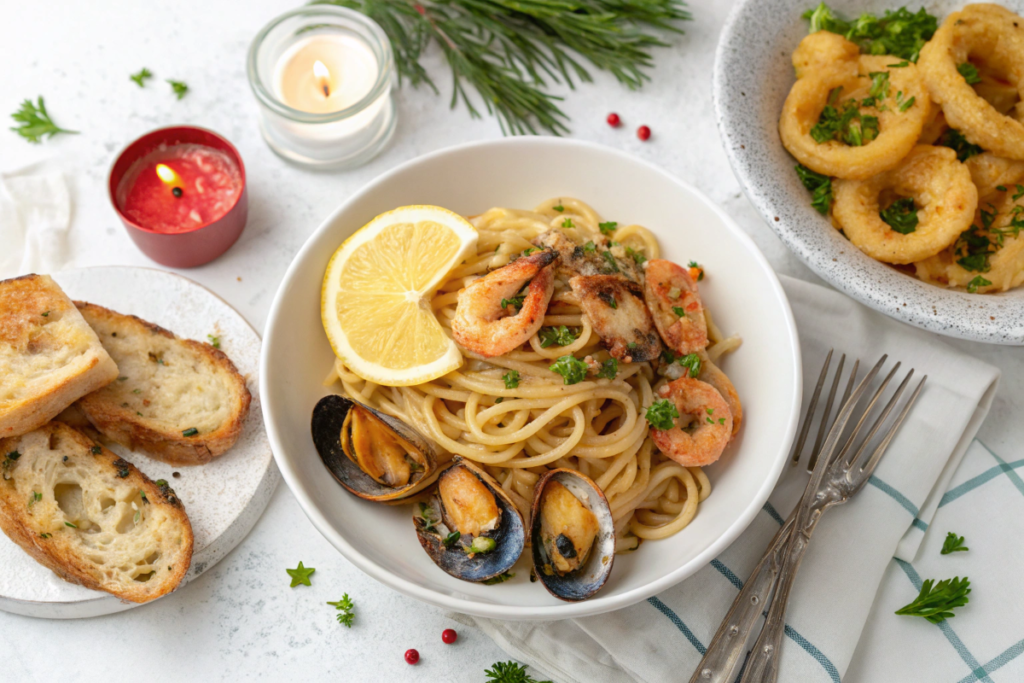 An Italian Feast of the Seven Fishes spread with calamari, linguine with clams, and grilled shrimp.