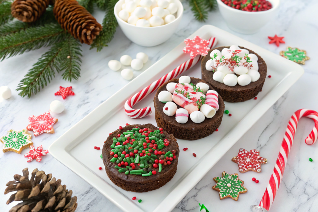 A festive display of Christmas bark pieces topped with candy canes, marshmallows, and sprinkles.