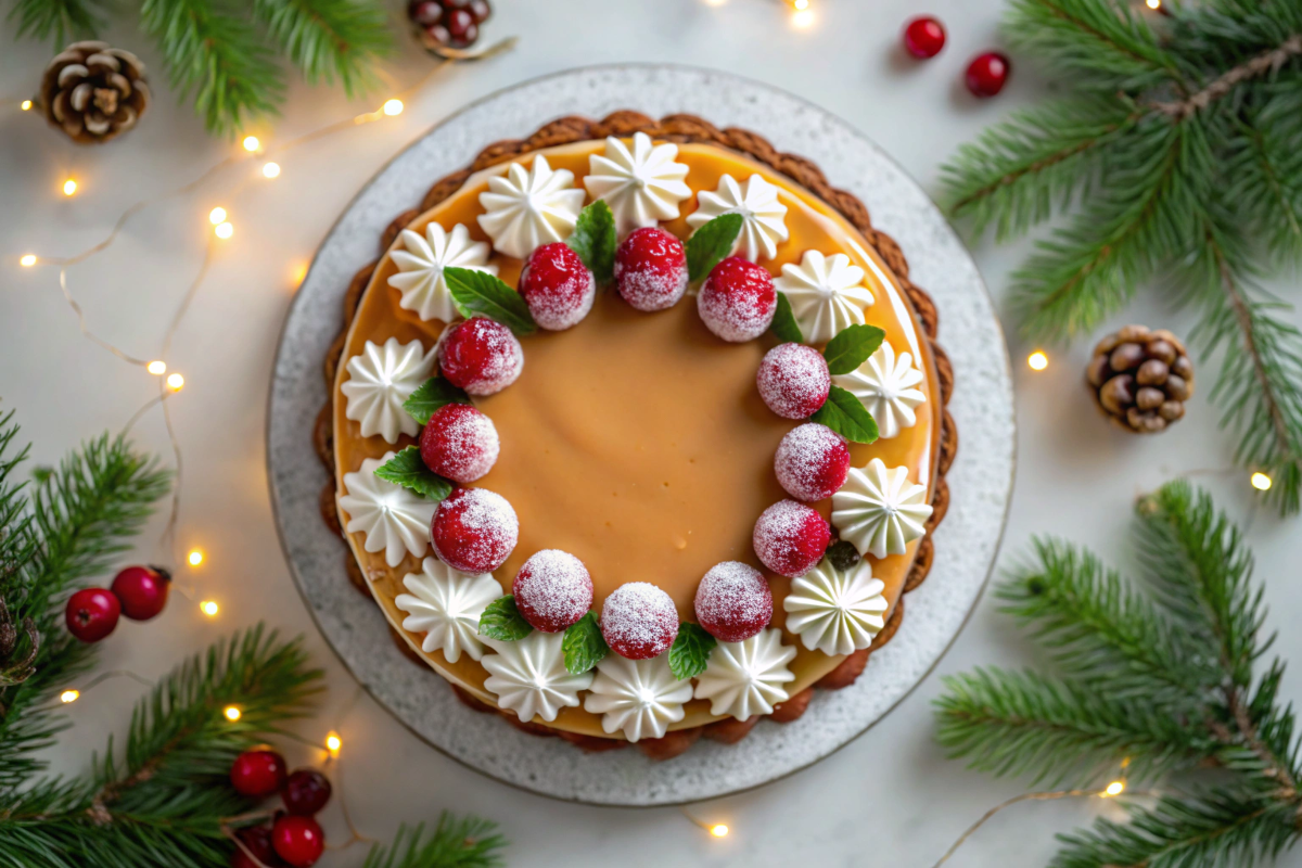 Festive Christmas cheesecake topped with sugared cranberries and whipped cream on a holiday-themed table