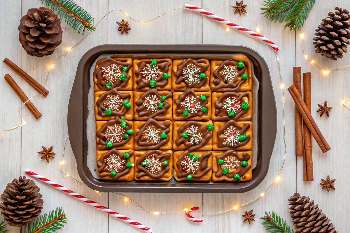 A festive tray of Christmas Crack with pretzels, chocolate, caramel, and sprinkles. SEO Title: Festive Christmas Crack Recipe with Pretzels