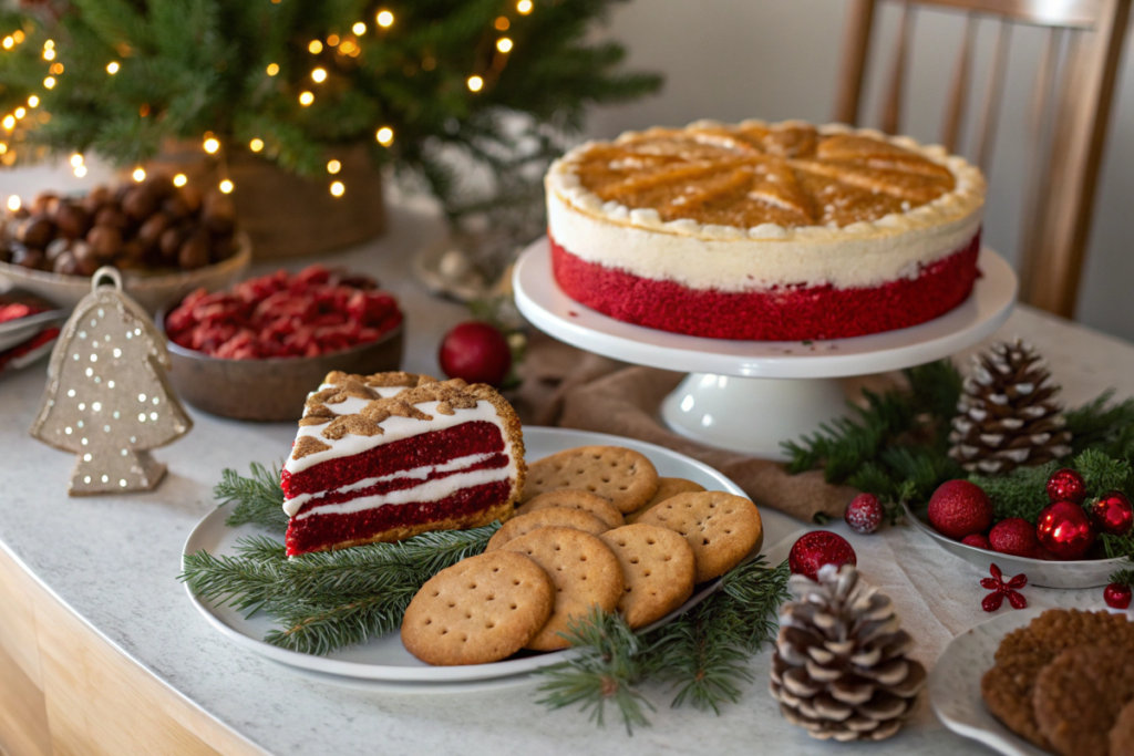 A festive arrangement of classic Christmas desserts like apple pie and gingerbread cookies surrounded by holiday decorations.